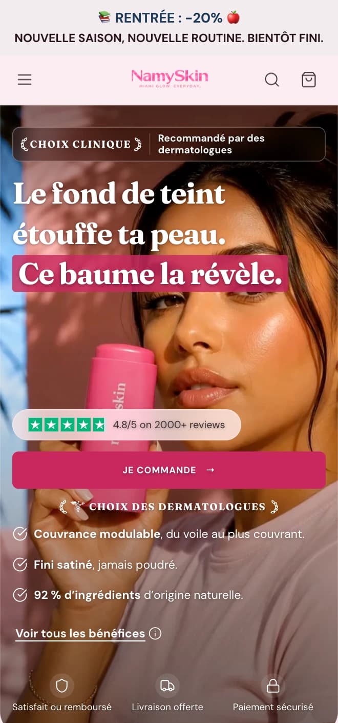 Namyskin sur mobile : navigation, visuel produit et bouton de commande