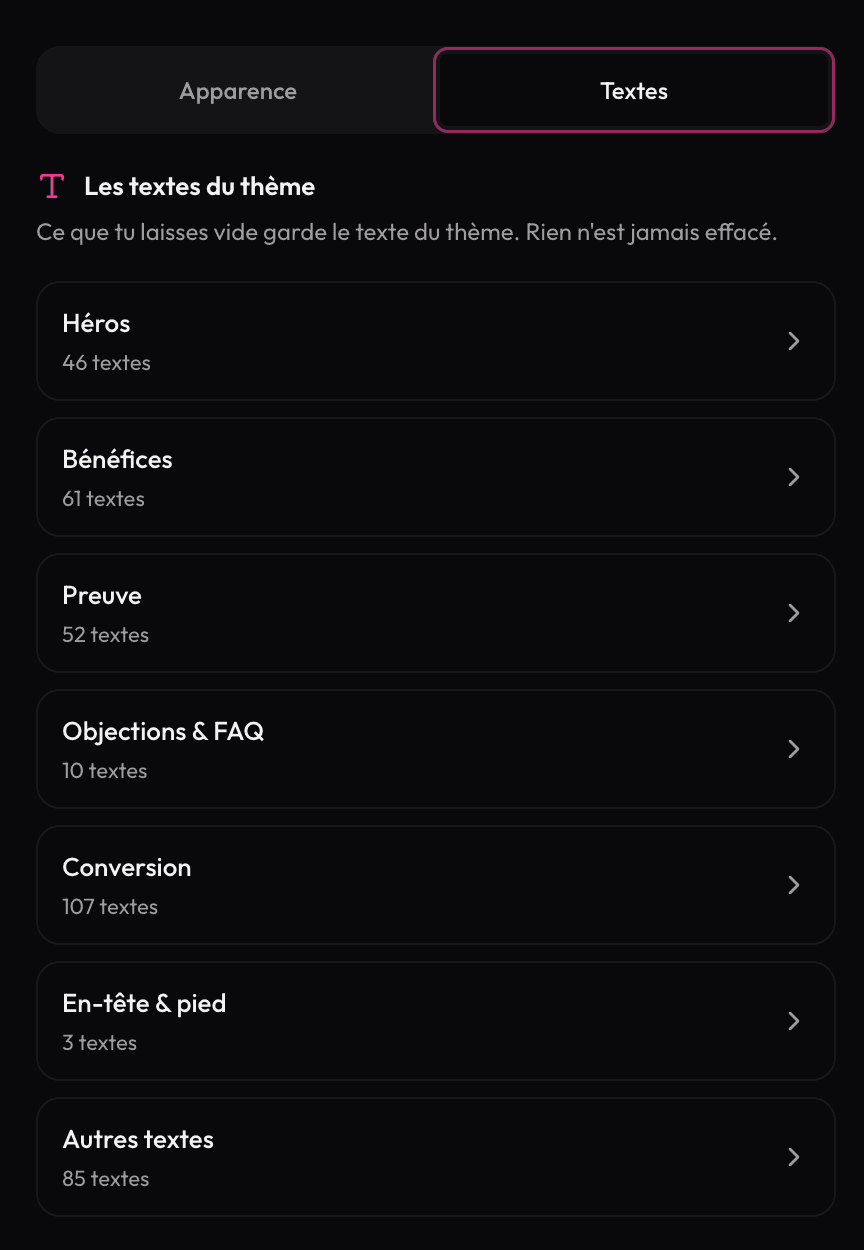 Écran des textes du thème, regroupés par intention : héros, bénéfices, preuve, objections, conversion, en-tête et pied